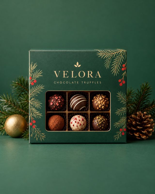 chocolate truffles christmas product photo: A green box of assorted chocolate truffles sits among evergreen sprigs, a gold ornament and a pine cone against a d…
