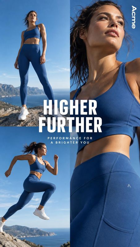 blue athletic outfit on-body detail product photo: A woman models a blue athletic set in a three-panel outdoor campaign, standing and running against a bright…