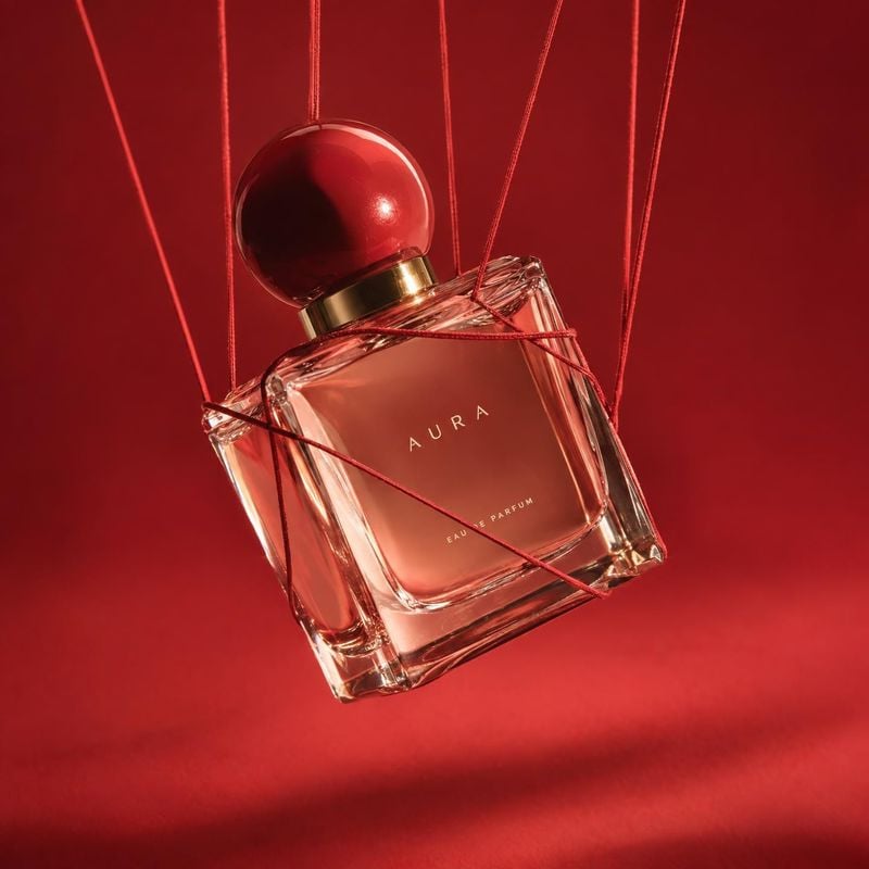 perfume floating product product photo: A clear perfume bottle with a rounded red cap hangs among taut red cords against a saturated red studio backdrop, lit w…
