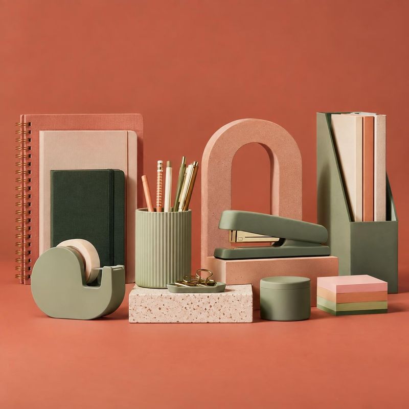 stationery and desk accessories stationery product photo: A coordinated assortment of notebooks, pencils, desk organizers and accessories is arranged on a terr…