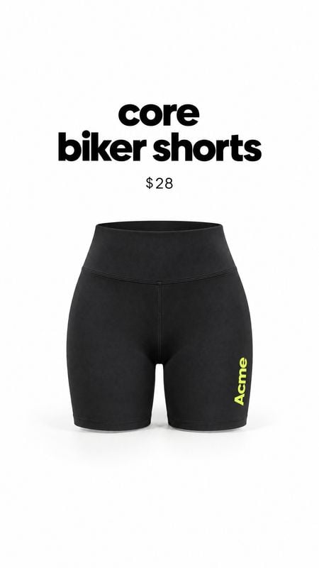 black biker shorts ghost mannequin product photo: Black biker shorts are presented against a clean white studio background beneath bold black product text and…