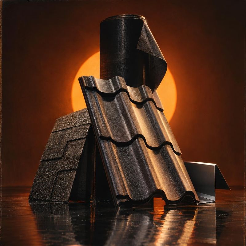 roofing tiles and roof vent black friday product photo: Roofing tiles and a roof vent are arranged as a sculptural product display on a reflective floor, drama…