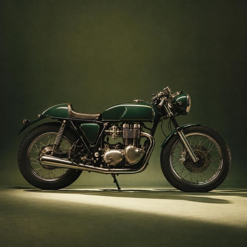 vintage motorcycle vehicle exterior product photo: A vintage dark-green motorcycle is shown in profile against a matching studio backdrop, with dramatic low-ke…