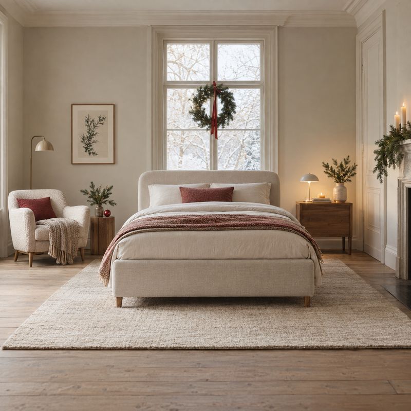 upholstered bed christmas product photo: A cream upholstered bed anchors a warmly lit bedroom with winter greenery and muted red accents, creating a calm, fest…