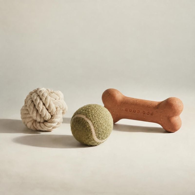 dog toys pet product photo: A rope ball, tennis ball, and terracotta-colored bone toy are arranged on a pale seamless surface in soft, warm studio light, with…