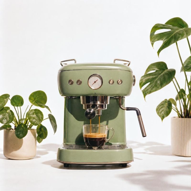 espresso machine equipment in use product photo: A sage-green espresso machine pours coffee into a glass cup, framed by potted leafy plants against a bright wh…