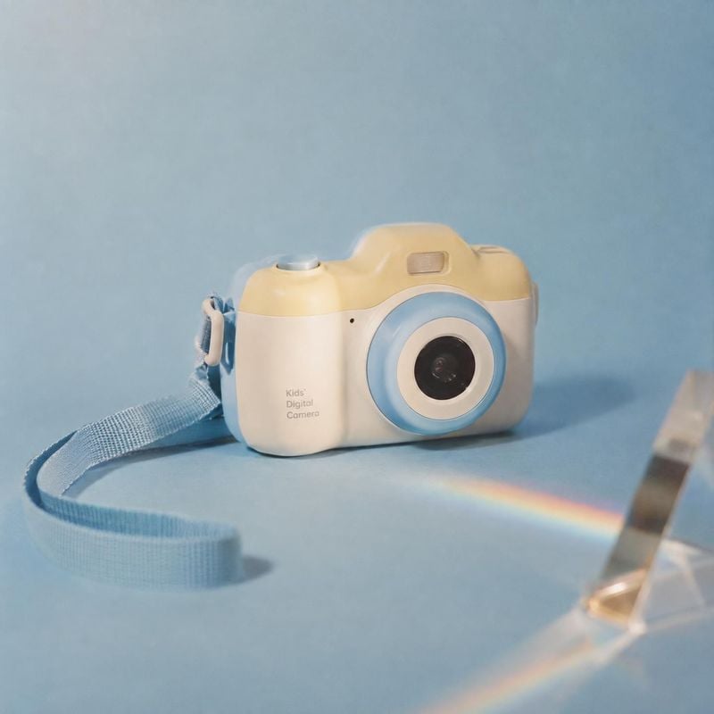 kids' digital camera electronics product photo: A cream-and-yellow children's digital camera with a blue strap sits on a pale blue studio surface, with a small…