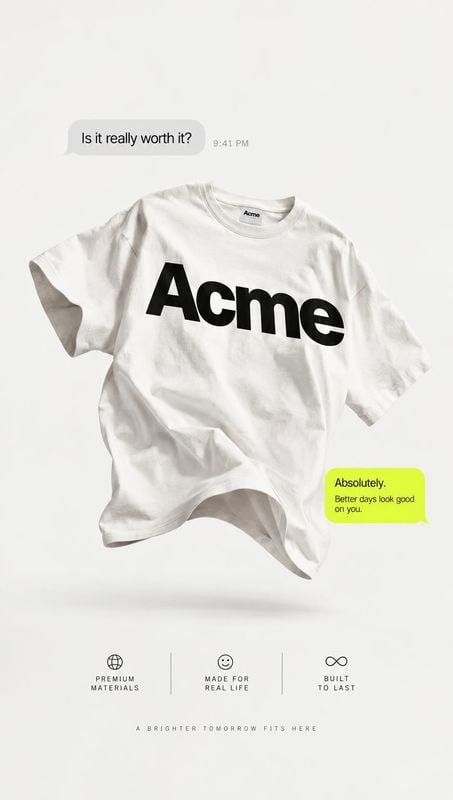 white graphic T-shirt floating product product photo: A white T-shirt floats against a bright, minimal studio background, with bold black lettering, chat bubbl…