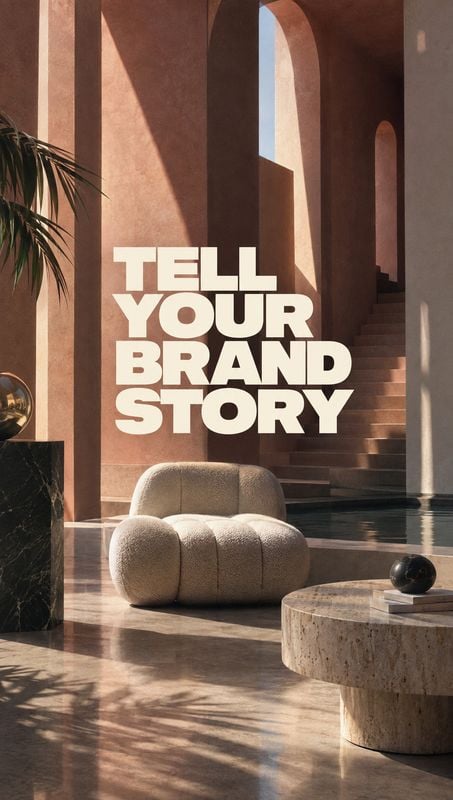 upholstered lounge chair room set product photo: A sculptural lounge chair and rounded stone table sit in a sunlit architectural interior, with warm terracotta…