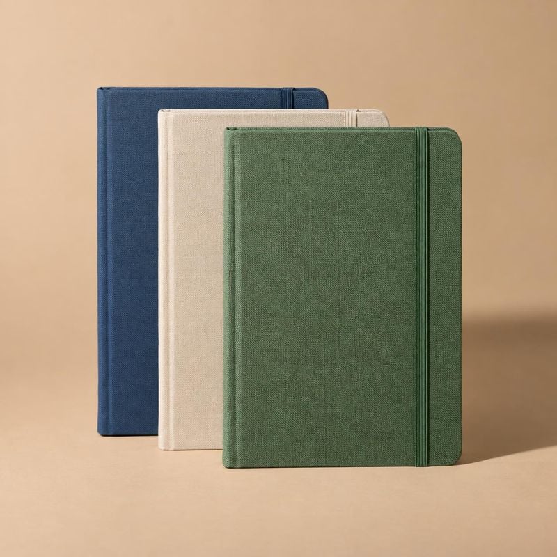 clothbound notebooks stationery product photo: Three clothbound notebooks in navy, cream, and green are arranged in an overlapping lineup against a warm beige…