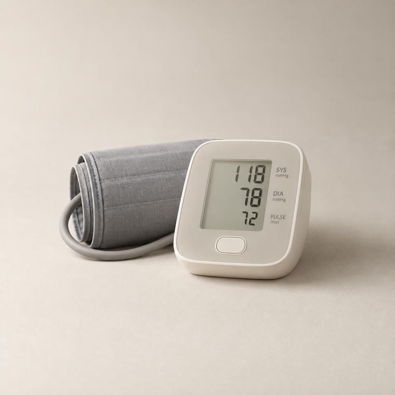 digital blood pressure monitor personal care product photo: A white digital blood pressure monitor with a gray cuff rests on a warm neutral studio surface, sof…