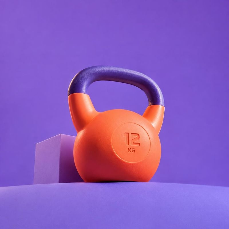 12 kg kettlebell sports product photo: A vivid orange kettlebell with a dark purple handle sits on a geometric plinth against a saturated purple studio backdro…