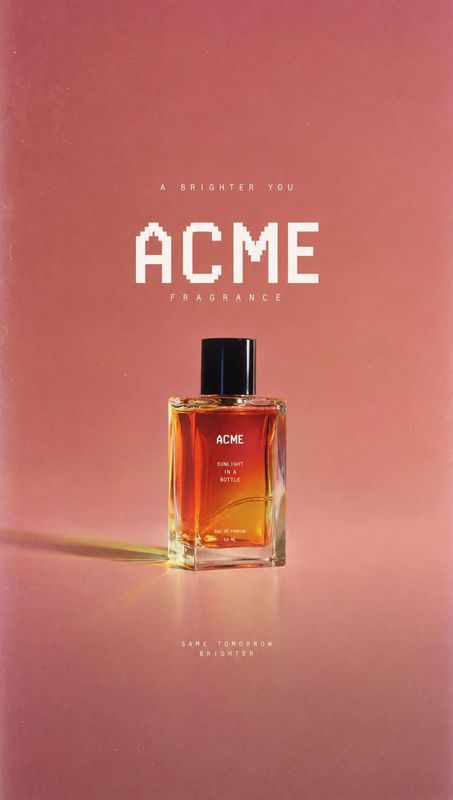 perfume packshot product photo: An amber perfume bottle stands centered against a warm pink studio backdrop, with cream-colored typography and dramatic side li…