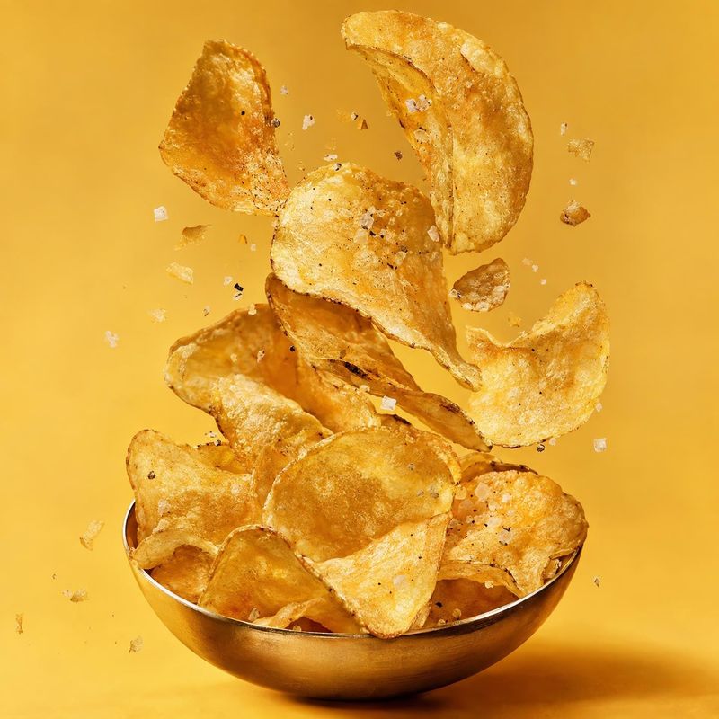 potato chips floating product product photo: Golden potato chips and scattered crumbs appear suspended above a metal bowl against a warm yellow studio backdrop…