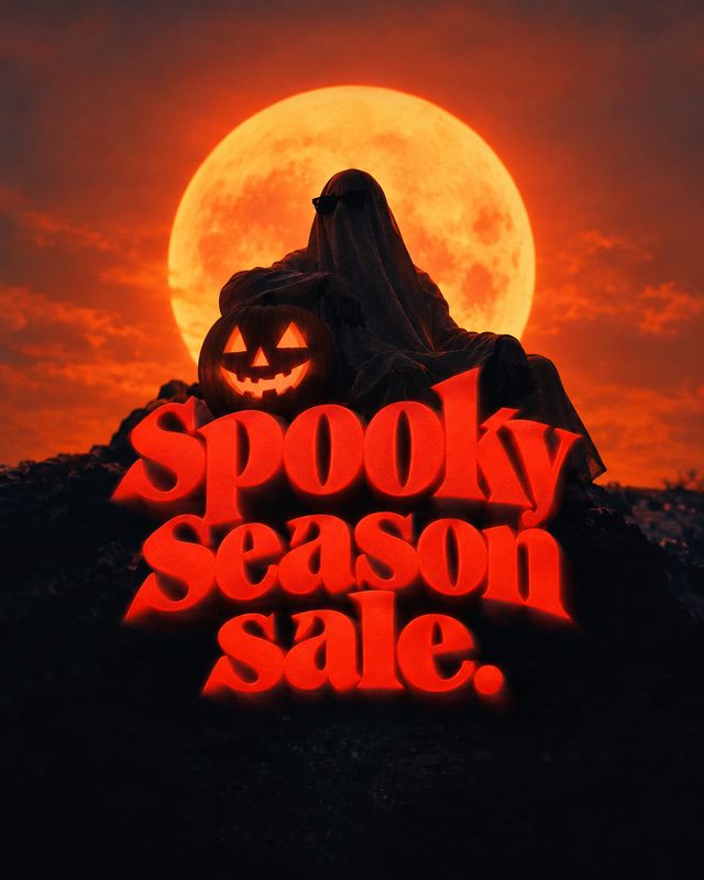 halloween product photo: A draped ghost and jack-o’-lantern sit against a glowing orange full moon above dark rocky ground, with bold red “Spooky Season Sale”…