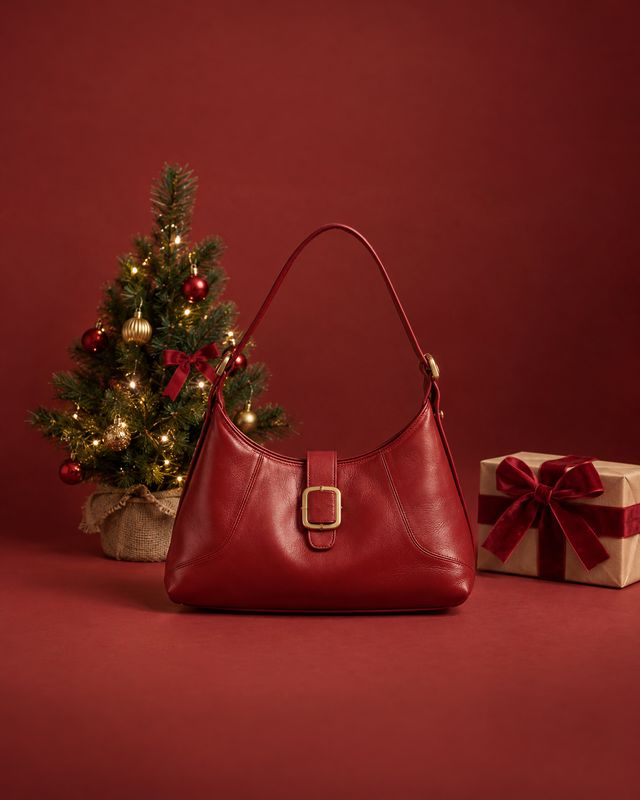 red leather shoulder bag christmas product photo: A glossy red shoulder bag with a gold buckle is centered on a matching red surface, flanked by a lit decorate…