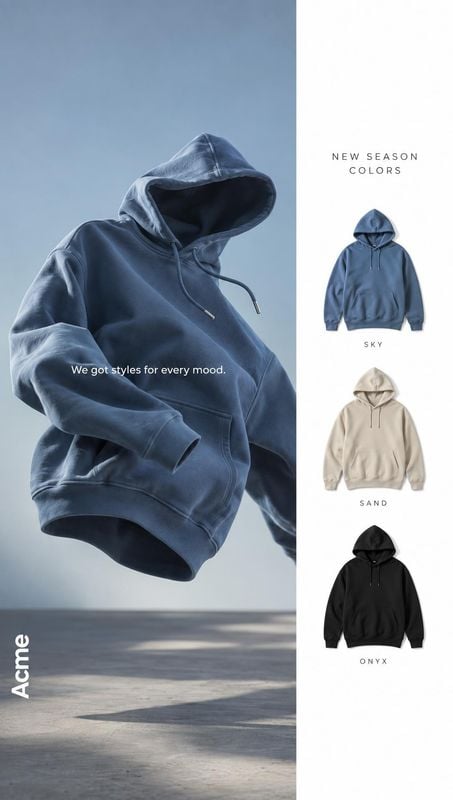 hoodie floating product product photo: A blue hoodie floats against a cool-toned studio backdrop, alongside smaller views of the available colors and understat…