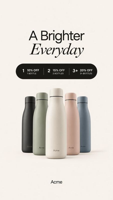 insulated water bottles group lineup product photo: Five matte insulated bottles in muted colors are arranged against a warm cream studio background beneath a…