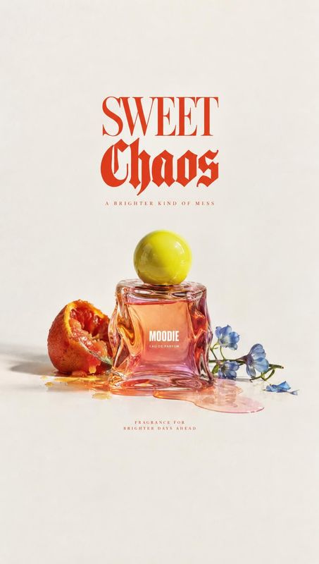 perfume ingredients product photo: A pink perfume bottle topped with a yellow sphere sits among citrus and blue flowers on a pale studio backdrop, with bold re…