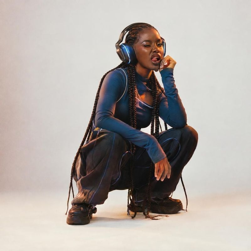 over-ear headphones equipment in use product photo: A woman with long braids crouches in a pale studio wearing blue over-ear headphones and a coordinated dark…