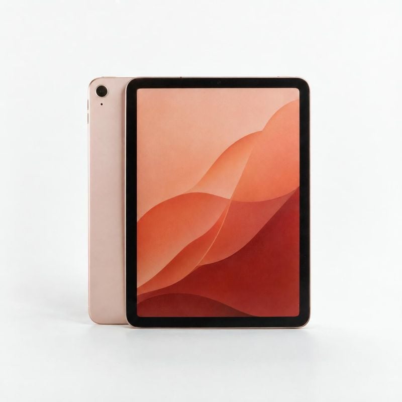 tablet electronics product photo: Two rose-gold tablets are arranged upright against a bright white studio background, with a warm abstract wallpaper on the fr…