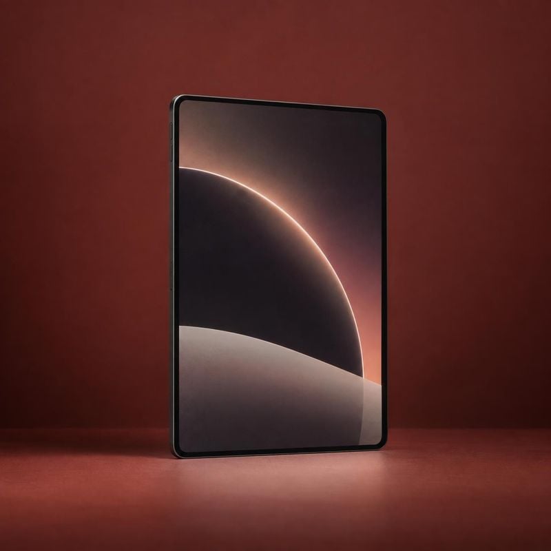 tablet electronics product photo: A sleek tablet stands upright against a deep burgundy studio backdrop, its abstract glowing screen and soft directional light…