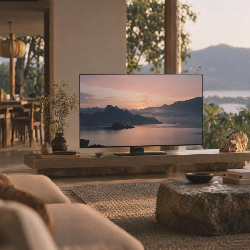 television equipment in use product photo: A slim television showing a calm sunset over a lake anchors a warm, naturally lit living room with earthy furnishing…