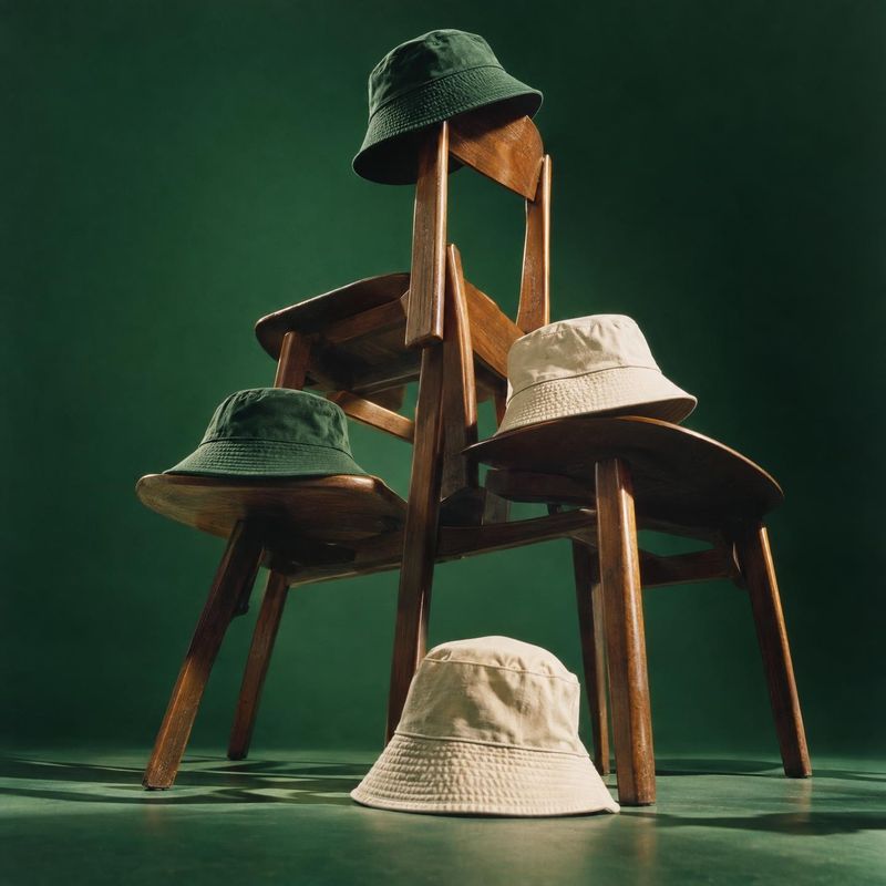 bucket hats ghost mannequin product photo: Several green and cream bucket hats are arranged across wooden chairs against a deep green studio backdrop, with dra…