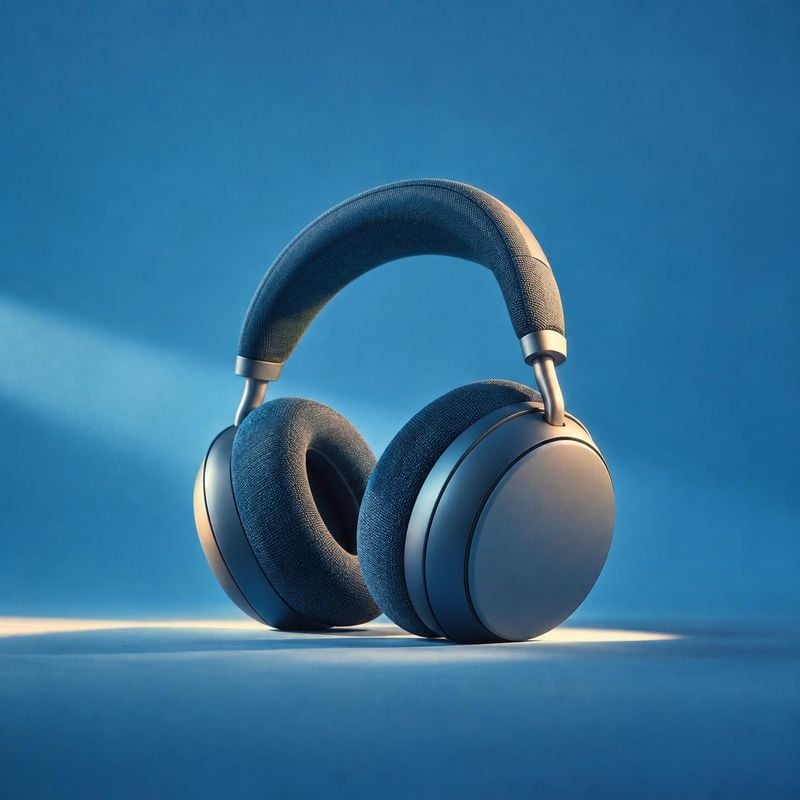 over-ear headphones electronics product photo: A pair of dark blue over-ear headphones sits against a blue studio backdrop, with sculptural lighting and a poli…