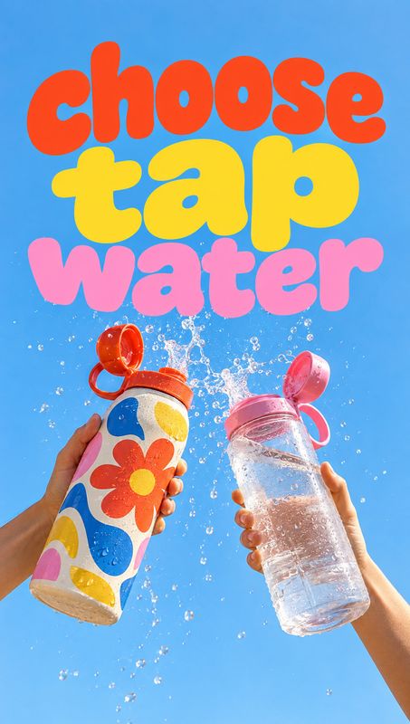 reusable water bottles splash / pour product photo: Two hands raise colorful reusable bottles amid splashing water against a bright blue sky, beneath oversized…