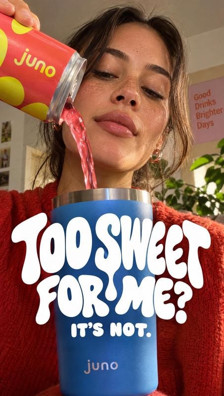 canned drink splash / pour product photo: A woman in a red sweater pours a bright pink drink from a colorful can into a blue tumbler, with bold playful letteri…