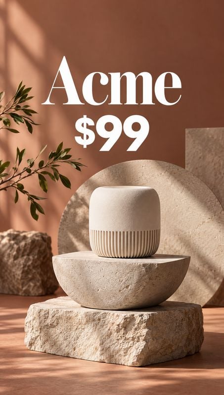 wireless speaker electronics product photo: A cream-colored ribbed wireless speaker sits on sculptural stone blocks against a warm terracotta backdrop, with le…