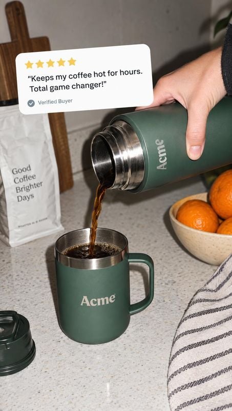 insulated coffee mug and thermos splash / pour product photo: A hand pours steaming coffee from a green insulated thermos into a matching mug on a bright kitch…