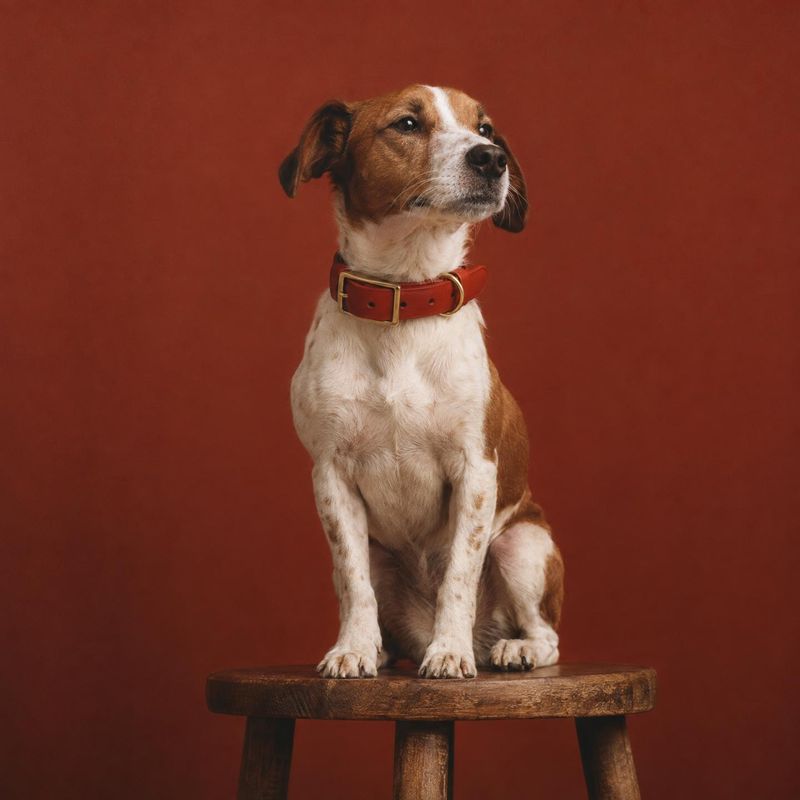 dog collar pet product photo: A brown-and-white dog wearing a red leather collar sits on a rustic wooden stool against a warm terracotta studio backdrop, lit s…