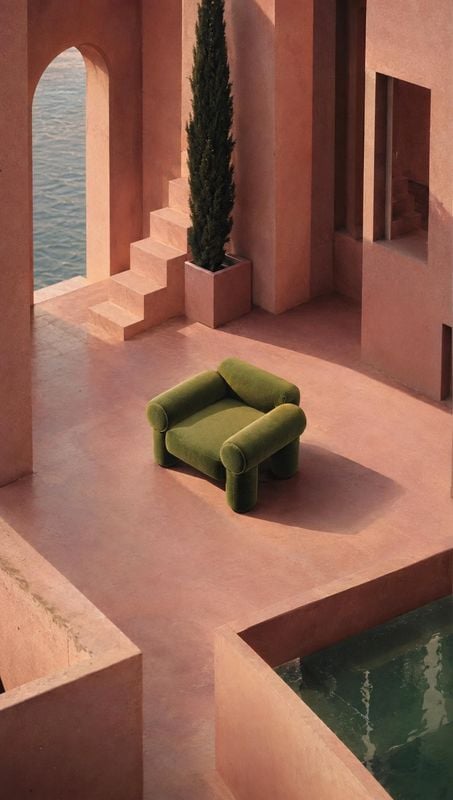 green upholstered armchair exterior / architecture product photo: A sculptural green armchair sits in a sunlit terracotta architectural courtyard, framed by ge…