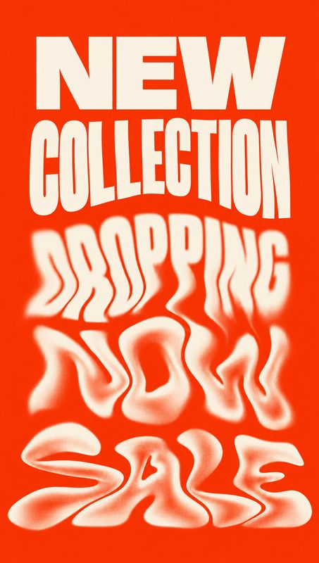 black friday product photo: Bold cream-colored display lettering reading “NEW COLLECTION,” “DROPPING NOW,” and “SALE” fills a vivid red-orange background, with…