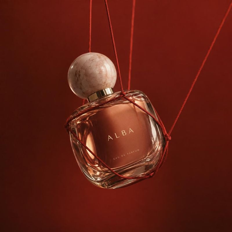 perfume bottle floating product product photo: A sculptural glass perfume bottle with a pale stone-like cap hangs in red cords against a deep red studio backdr…