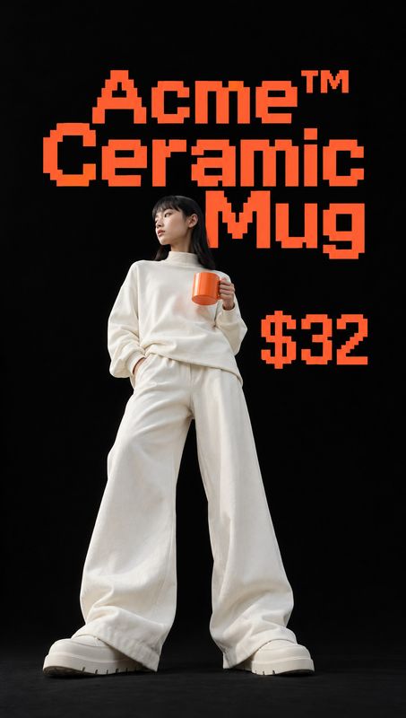 ceramic mug home product photo: A model in a relaxed cream outfit holds an orange mug against a black studio backdrop, with bold orange pixel-style product and…