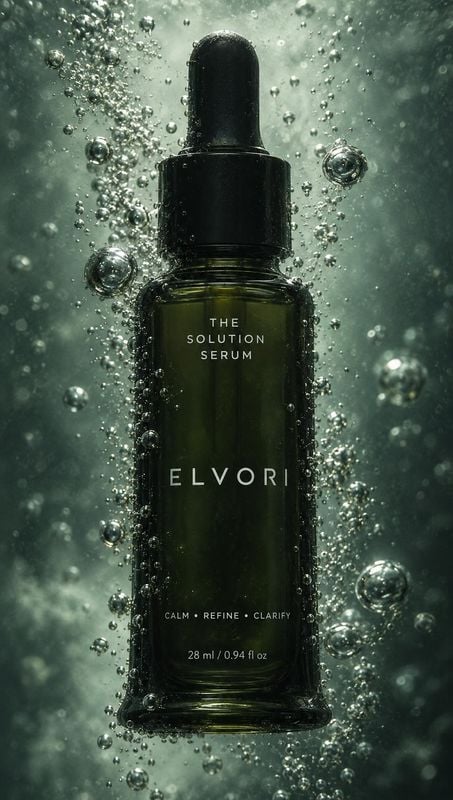 serum floating product product photo: A dark glass dropper bottle of serum floats amid suspended bubbles in a moody, teal-toned underwater scene, with dramatic…