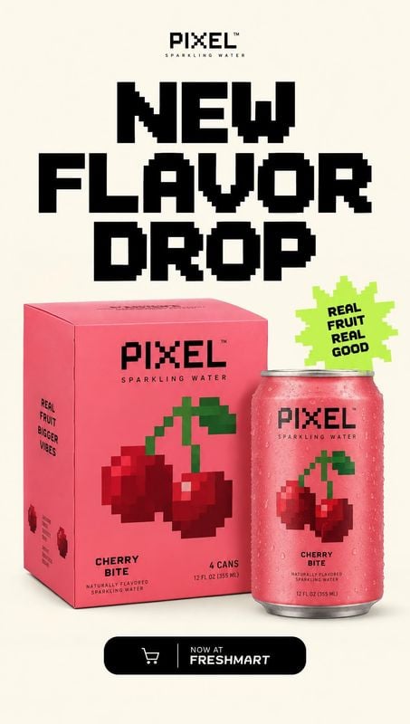 cherry sparkling water food and drink product photo: A pink cherry sparkling-water can and matching box sit against a warm cream studio backdrop, paired with b…