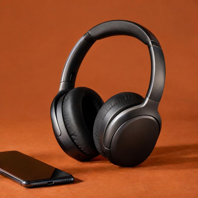 wireless headphones electronics product photo: Black over-ear headphones and a smartphone are arranged on a warm terracotta surface against a matching backdrop…