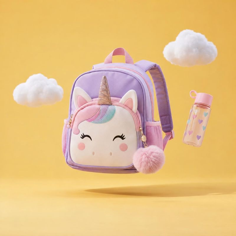 unicorn backpack floating product product photo: A pastel unicorn-face backpack and matching heart-patterned bottle float against a sunny yellow studio backdro…