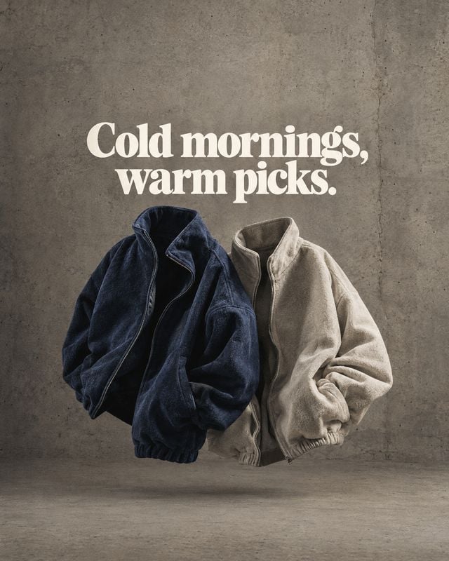 jackets floating product product photo: Two plush jackets in navy and taupe float against a textured concrete studio backdrop beneath a bold cream headline, cr…