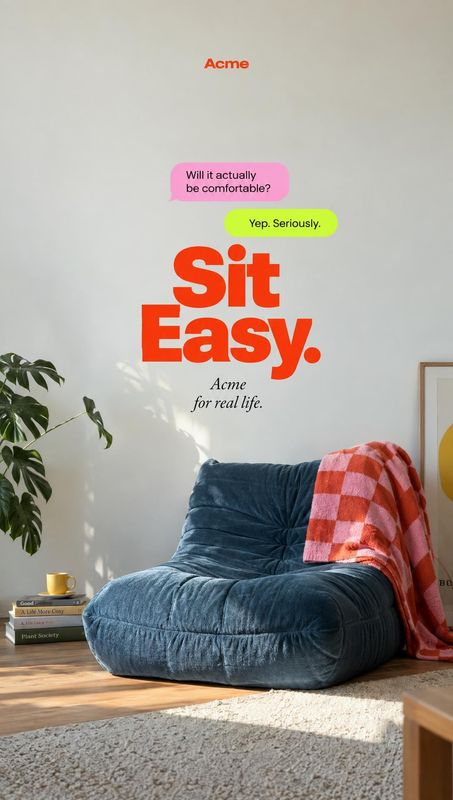 upholstered lounge chair room set product photo: A deep blue lounge chair with a pink checked throw sits in a sunlit living room beneath bold red display type,…