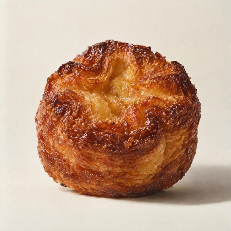 pastry food and drink product photo: A glossy, golden-brown laminated pastry sits alone on a warm off-white surface, photographed with soft studio light and a…