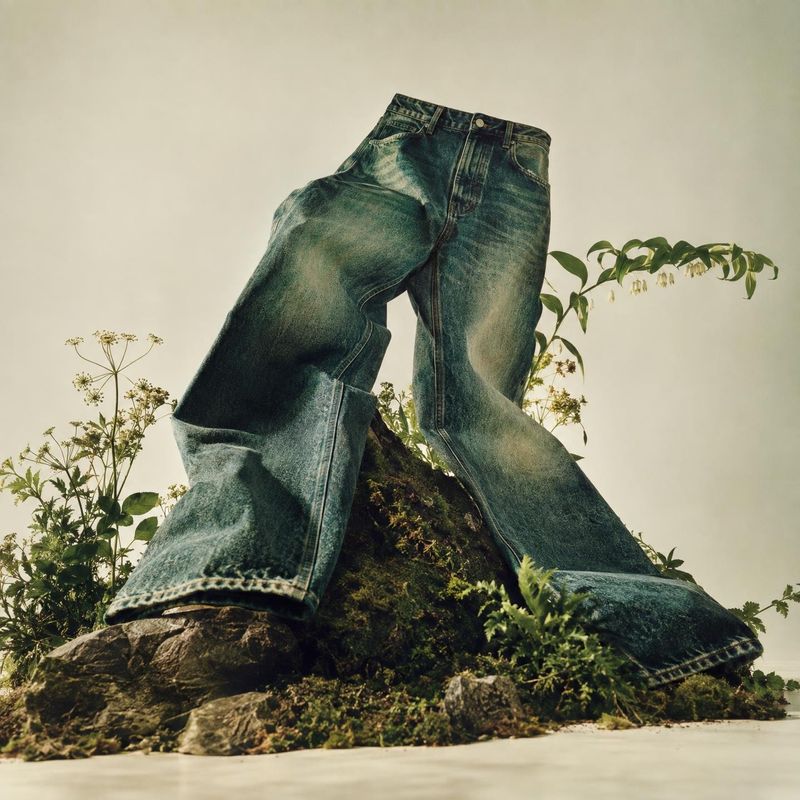 jeans ghost mannequin product photo: Distressed green-blue jeans are dramatically draped over a mossy rock among delicate plants, lit with soft, warm natural l…