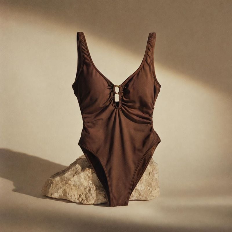 brown one-piece swimsuit ghost mannequin product photo: A brown one-piece swimsuit with a gathered front and small gold-tone clasp is displayed on a pale stone…