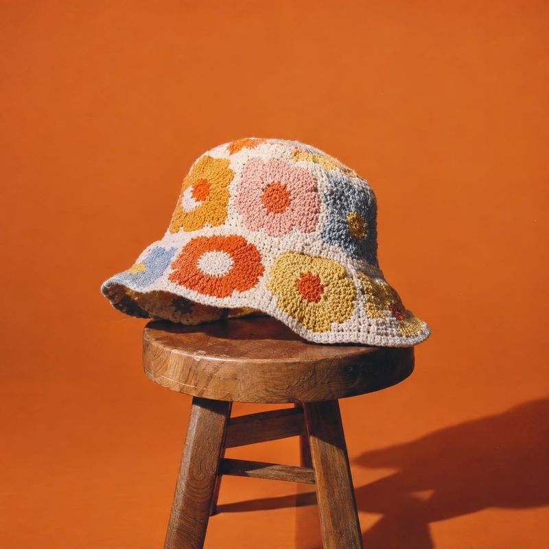 embroidered bucket hat ghost mannequin product photo: A chunky-knit bucket hat with colorful floral motifs is displayed on a wooden stool against a vivid orang…