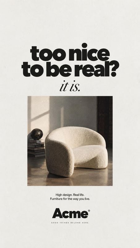 upholstered accent chair room set product photo: A sculptural cream boucle chair sits in a sunlit modern interior, framed by bold black headline typography and…