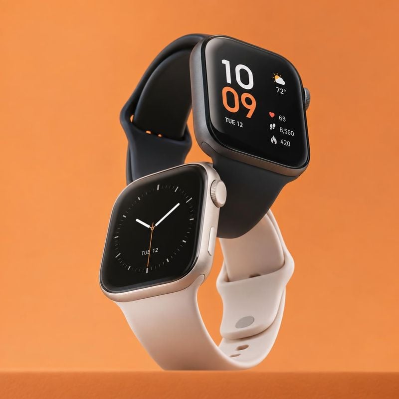 smartwatches floating product product photo: Two black and pale blush smartwatches float together against a warm orange studio backdrop, with soft directional…